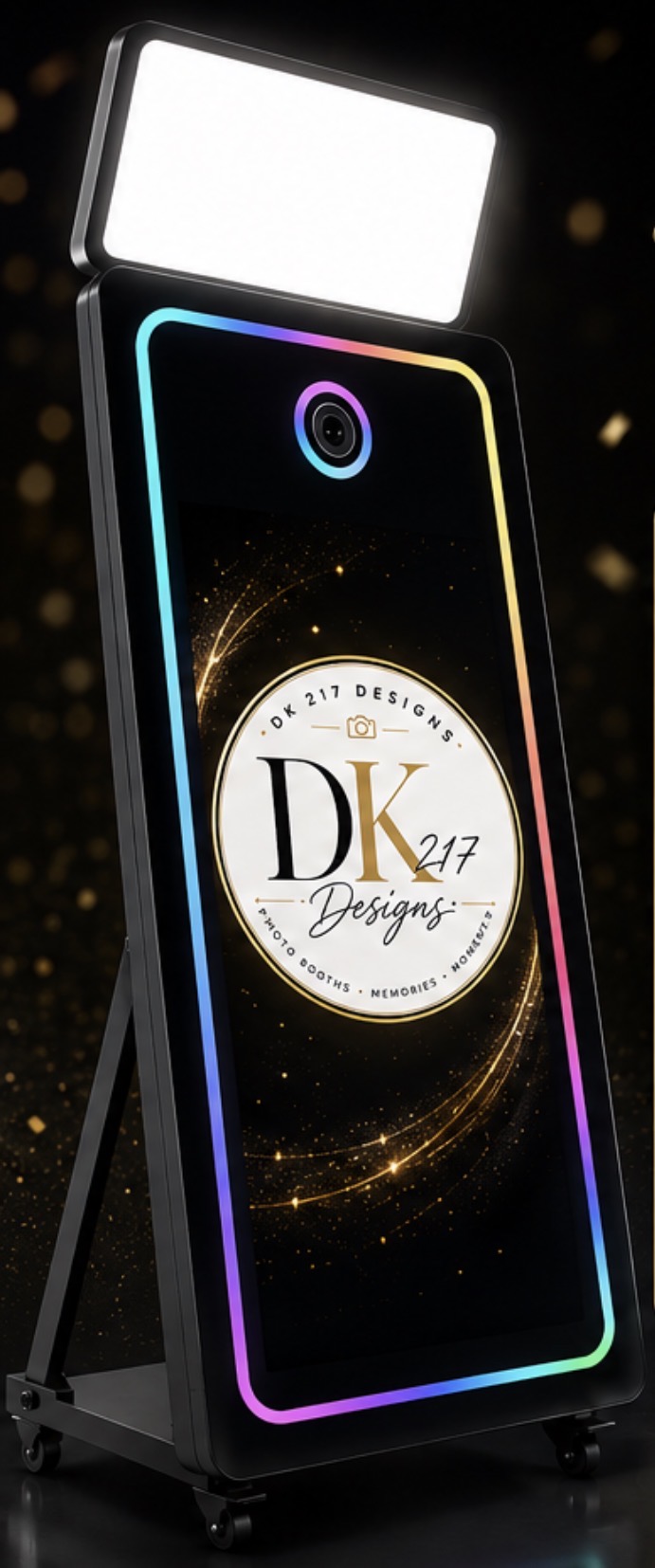 Magic Mirror Photo Booth with a vibrant rainbow-lit border and the DK217Designs logo on screen